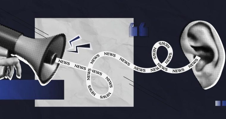 Art Collage Image of News Ribbon Swirling Between Megaphone and Ear