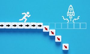Human Stick Figure Runs Toward Launching Rocket But Red Arrows Lead Him Downwards