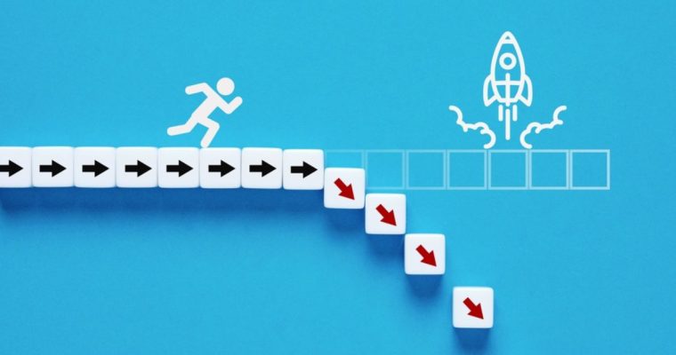 Human Stick Figure Runs Toward Launching Rocket But Red Arrows Lead Him Downwards