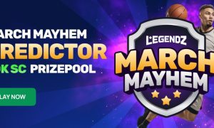 Basketball Player In Action Behind Legendz March Mayhem Logo