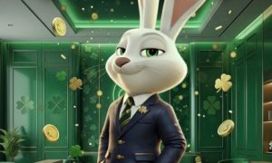 Anthropomorphic white rabbit in a navy suit stands in a green casino lobby beneath a "LUCKY BUNNY" sign. Gold coins and four-leaf clovers float around. Lower plaque reads: "OFFICIAL CASINO REVIEW" and "GAMINGTODAY.COM | NO DEPOSIT BONUS GUIDE