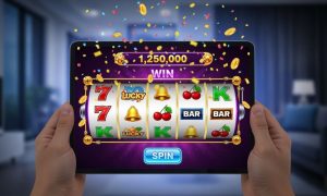 Spinning Slot Reel Online Casino Game Displayed on Tablet Held by Someone in Living Room