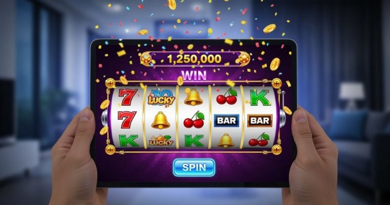 Spinning Slot Reel Online Casino Game Displayed on Tablet Held by Someone in Living Room