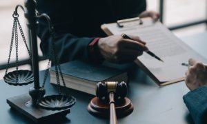Two Men Review Legal Document With Judges Gavel and Scale on Desk