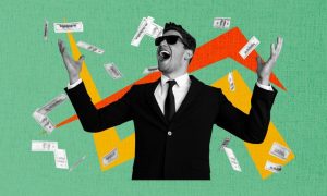 Collage Image of Man Looking Up at Cash Falling Around Him and Orange and Yellow Zig Zag Artwork Behind Him