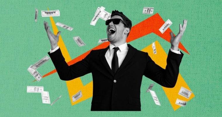 Collage Image of Man Looking Up at Cash Falling Around Him and Orange and Yellow Zig Zag Artwork Behind Him
