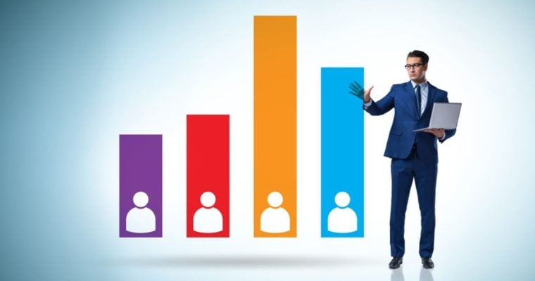 Colorful Bar Graph with People Figures and a Man in a Blue Suit Standing on the Side