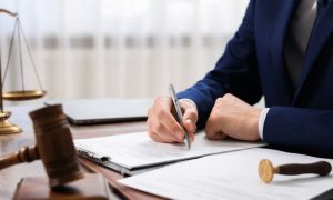 Man In Suit Writes On Documents In Office, On Desk Sits Scale and Judges Gavel