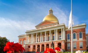 Blue Skies And Flowers In Front of State House Building in Boston, MA