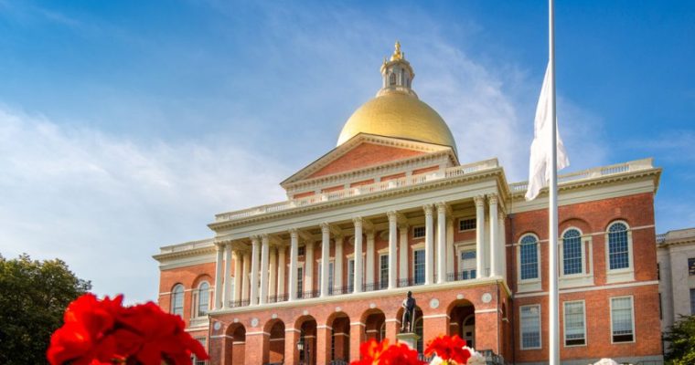 Blue Skies And Flowers In Front of State House Building in Boston, MA