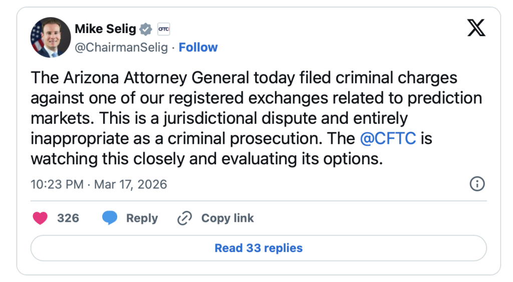 Mike Selig Post on X Addressing Arizona Criminal Charges Against Kalshi