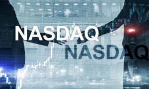 Two People In Suits Stretch Hands Ready for Shake with NASDAQ Text Overlay