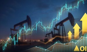 Line and Bar Graphs Overlay on Image of Oil Rigs at Night