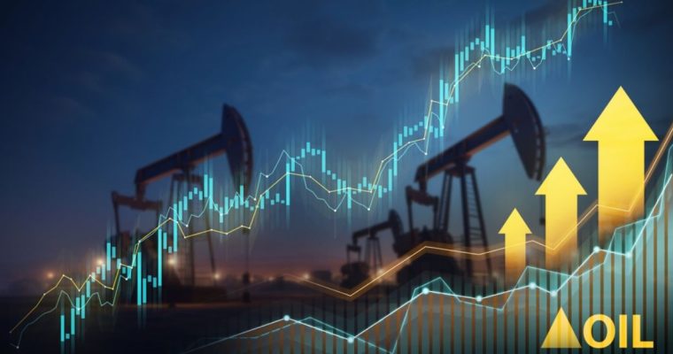Line and Bar Graphs Overlay on Image of Oil Rigs at Night