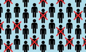 Black Human Figures On Blue Background and Some with Red X's Over Them