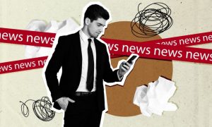 Crumpled Paper, Black Scribbles, Red Tape with News Text and Man In Suit Holding Cell Phone