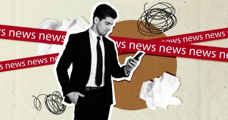 Crumpled Paper, Black Scribbles, Red Tape with News Text and Man In Suit Holding Cell Phone