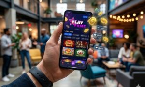 Hand holding a smartphone displaying the PlayFame Casino lobby with 3D coins and social icons.