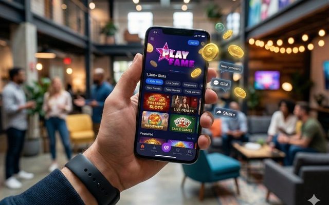 Hand holding a smartphone displaying the PlayFame Casino lobby with 3D coins and social icons.