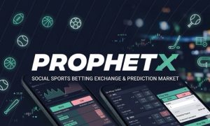 ProphetX social sports betting exchange app interface showing live market odds, liquidity, and play slip on mobile devices with sports icons and data charts.