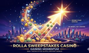 Abstract illustration of an upward-glowing arrow made of gold and sweeps coins above a neon cityscape, representing Rolla Sweepstakes Casino’s momentum.