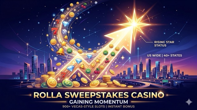 Abstract illustration of an upward-glowing arrow made of gold and sweeps coins above a neon cityscape, representing Rolla Sweepstakes Casino’s momentum.