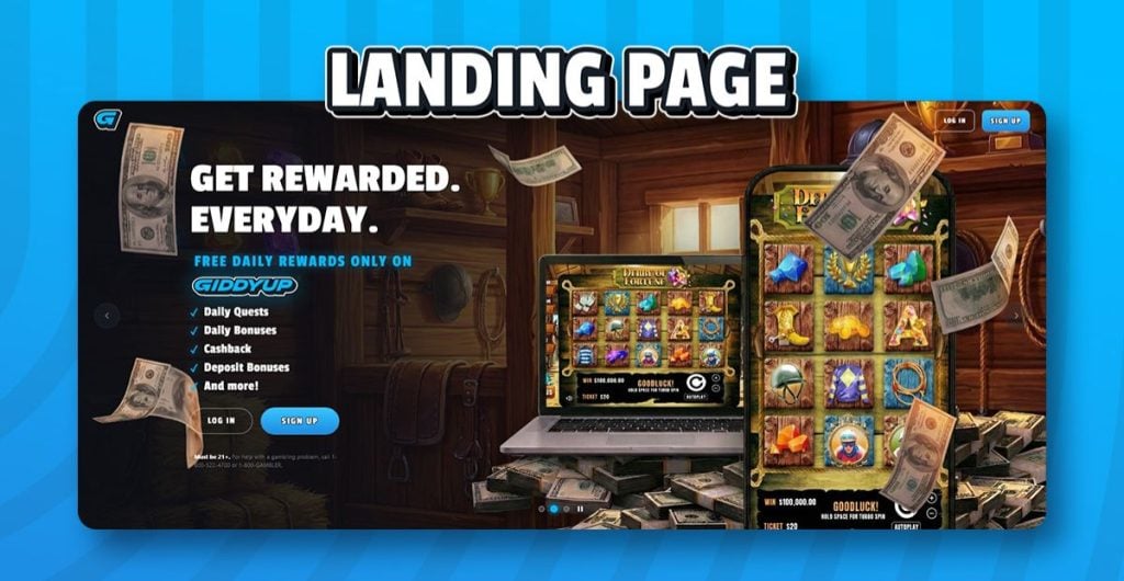 GiddyUp Landing Page with Online Slots Displayed on Mobile Devices and Cash Falling Around