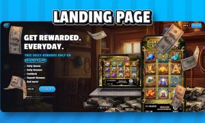 GiddyUp Landing Page with Online Slots Displayed on Mobile Devices and Cash Falling Around