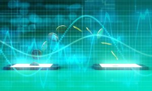 Aqua Background with Digital Financial Line Graphs Overlay Image of Two Cell Phones with Coins Flowing in Between