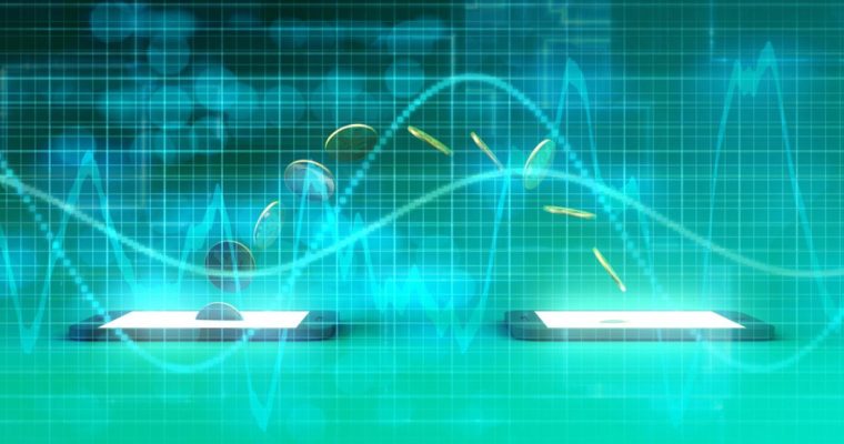 Aqua Background with Digital Financial Line Graphs Overlay Image of Two Cell Phones with Coins Flowing in Between