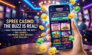 A person holding a smartphone showing the Spree Casino mobile lobby with Gold Coins and Sweepstakes Coins floating around it.