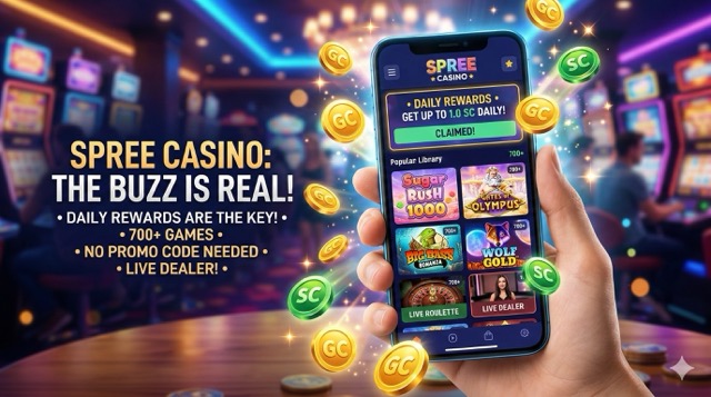 A person holding a smartphone showing the Spree Casino mobile lobby with Gold Coins and Sweepstakes Coins floating around it.