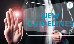 Woman Holds Out Palm in Stop Gesture with Digital Overlay Text of New Guidelines
