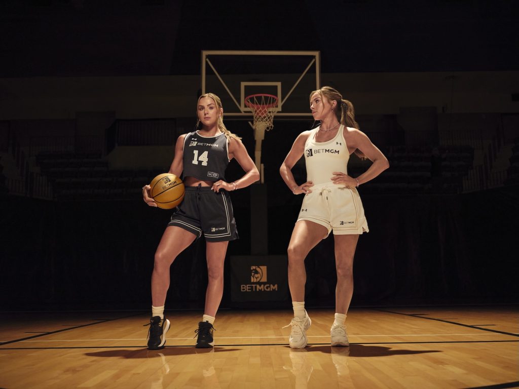 Twins Haley and Hanna Cavinder Pose on Basketball Court for BetMGM