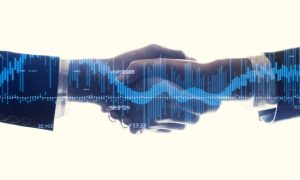 Blue Bar Graph Digital Overlay on Two Hands Shaking on Ivory Background