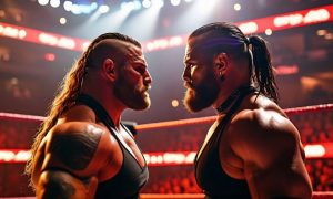 Two Wrestlers Face to Face Inside Ring With Red and White Lighting