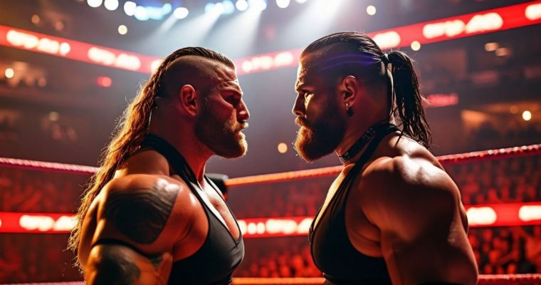 Two Wrestlers Face to Face Inside Ring With Red and White Lighting