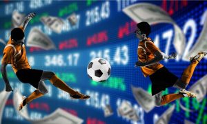 Stock Market Numbers In Background to Two Soccer Players Facing Off and Cash Falling