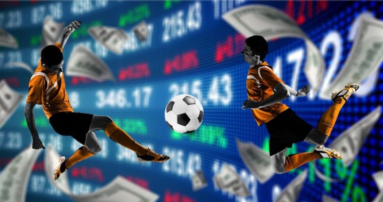 Stock Market Numbers In Background to Two Soccer Players Facing Off and Cash Falling