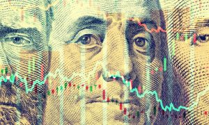 Prediction Market Line Graphs Overlay Close Up Image of Three US Presidents on Banknotes