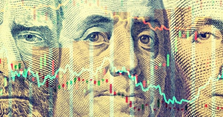 Prediction Market Line Graphs Overlay Close Up Image of Three US Presidents on Banknotes