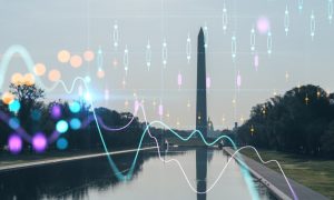 Digital Wave and Dot Graph Overlay Image of the Washington Monument in D.C., USA