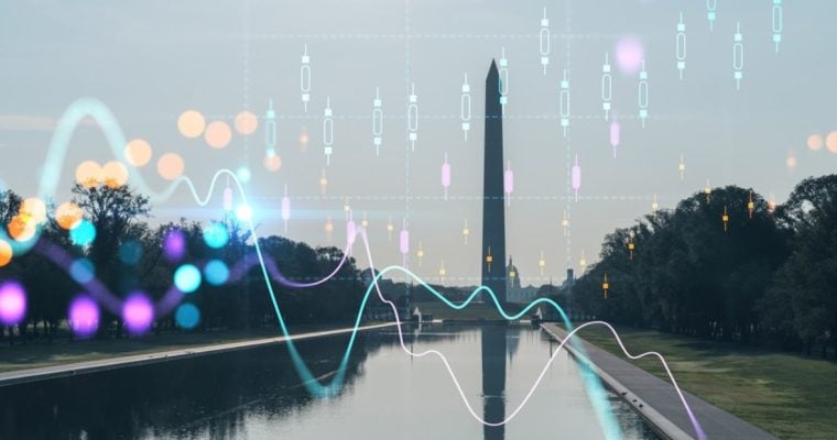 Digital Wave and Dot Graph Overlay Image of the Washington Monument in D.C., USA