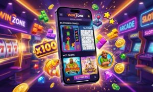 Smartphone displaying the Win Zone Social Casino app interface featuring Tetris, Sudoku, Big Bass Bonanza, and Gates of Olympus games, floating coins, and arcade machines.