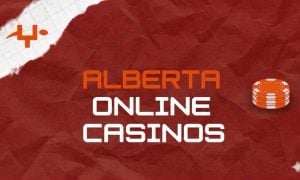 Stylized graphic on red background featuring a stack of orange poker chips and text that reads: Alberta Online Casinos.
