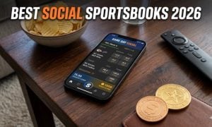 Tabletop view of a phone betting app, physical coins, remote, and chips. Overlaid text reads: BEST SOCIAL SPORTSBOOKS 2026.