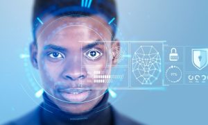 Biometric Data Screening Digital Overlay on Face of Young Business Man