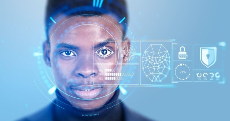 Biometric Data Screening Digital Overlay on Face of Young Business Man
