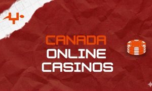 Canada Online Casinos text on a red textured background with poker chips and logo.