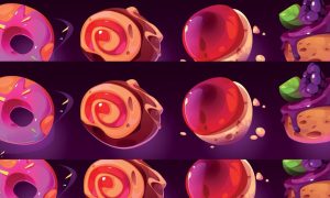 Illustration of Four Colorful Mini Bonbon Sweets Candies in a Row with Different Designs